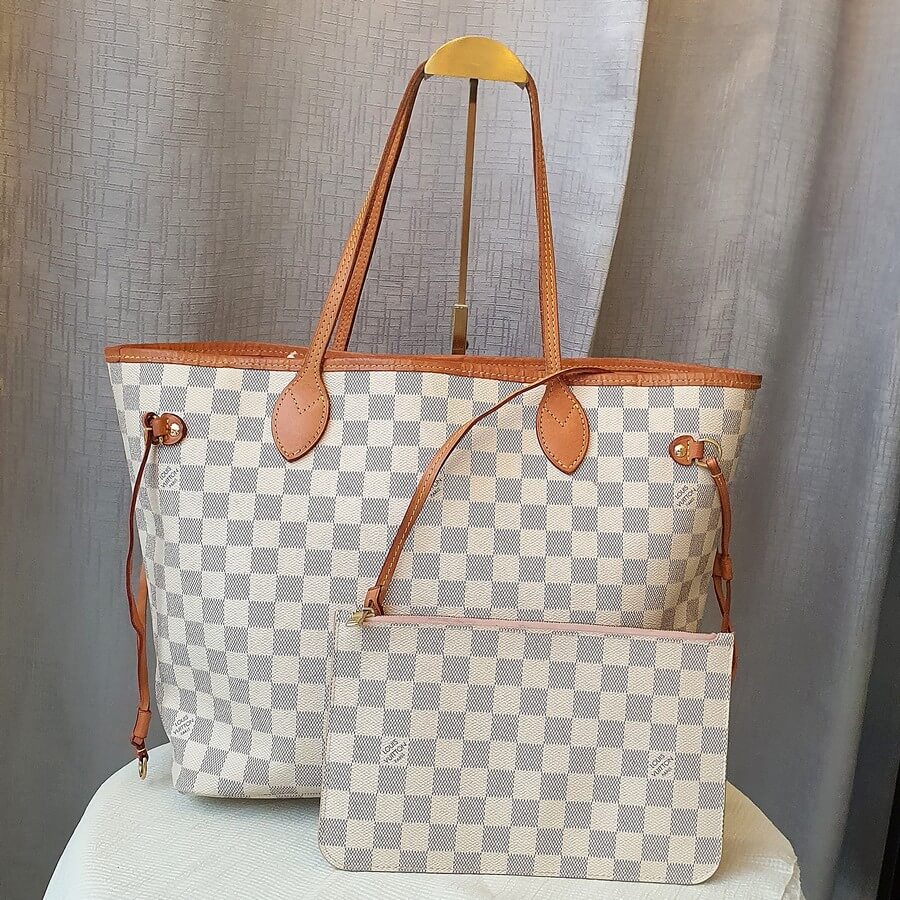LV Neverfull MM Damier Azur Coated Canvas with Leather and Gold Hardware #GUECU-1