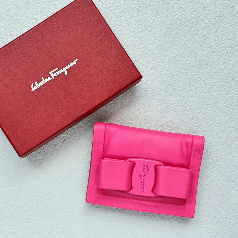 Salvatore Ferragamo Card Holder Hot Pink Smooth Calf with Silver Hardware #OTSR-1