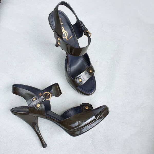 YSL Sandals Size37.5 Dark Green Patent Leather Shoes #OSOY-2