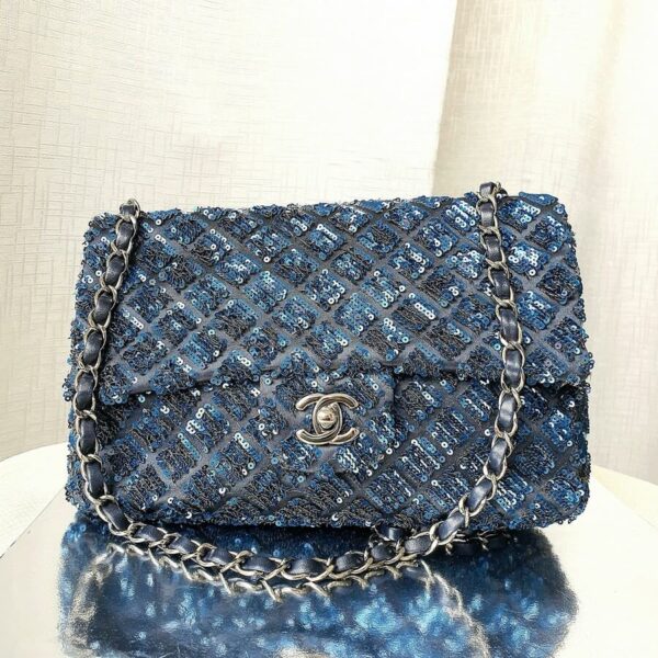 Chanel Medium Single Flap Bag Blue Lambskin/Sequins with Silver Hardware #OTOT-4