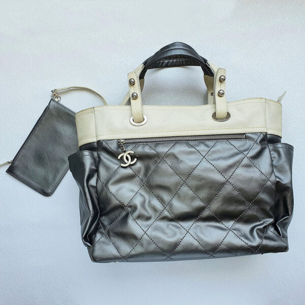 Chanel Paris Biarittz Grey/Beige Coated Canvas with Leather and Silver Hardware #OOLK-1
