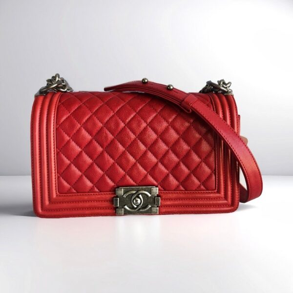 Chanel Boy Medium 28cm Red Calf Leather with Ruthenium Hardware #RESS-1