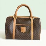 Celine Vintage Macadam Boston Bag Brown Coated Canvas with Leather and Gold Hardware #RLOK-2