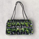 Chanel Medium Double Flap Bag Green/black/silver Sequine with Silver Hardware #RLKC-3