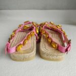 Gucci Size 37.5 Sandals Brown Canvas/Crystal/Rafia Satin Shoes #RLOC-2 - Image 5