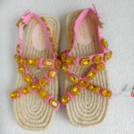 Gucci Size 37.5 Sandals Brown Canvas/Crystal/Rafia Satin Shoes #RLOC-2 - Image 2