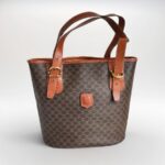 Celine Vintage Tote Bag Brown Coated Canvas with Leather and Gold Hardware #RUUK-5
