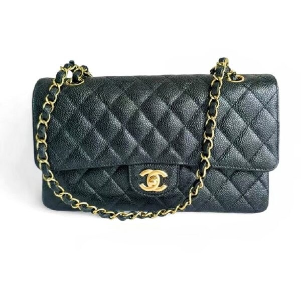 Chanel Medium Double Flap Black Grained Calfskin with Gold Hardware #RKEC-1