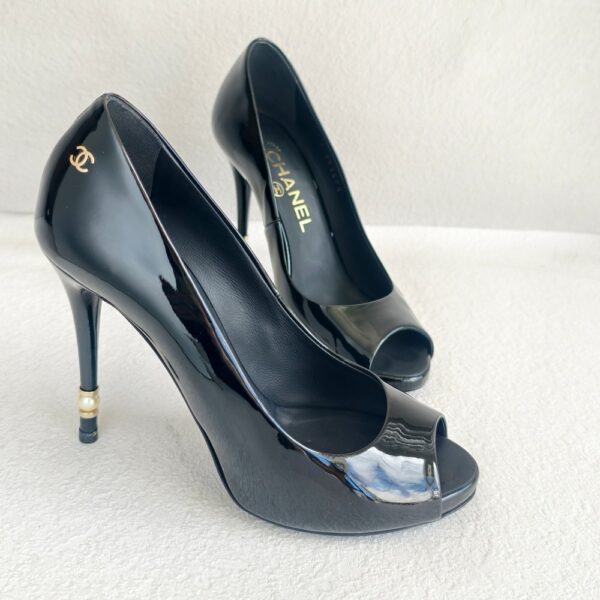 Chanel Peeptoe Size 36C Black Patent Leather Shoes #RKKR-11