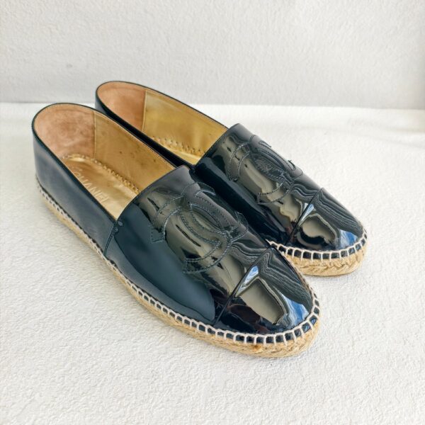 Chanel Size 42 Espadrilles Black Patent Leather Shoes #RKYE-1