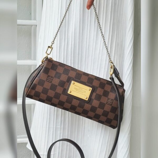 LV Eva Clutch Brown Damier Ebene Coated Canvas with Leather and Gold Hardware #RKYY-1