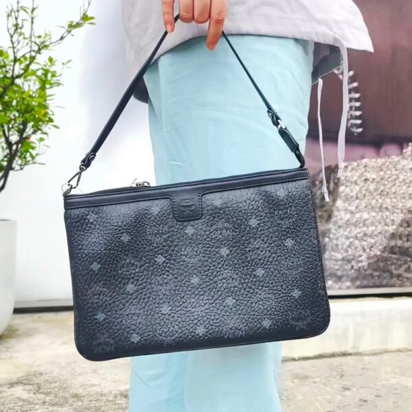 MCM Clutch Bag Black Visetos Monogram Canvas and Silver Hardware #RKKL-1