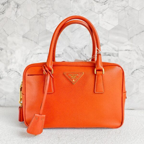 Prada Small Boston Bag Orange Saffiano Leather with Gold Hardware #RKUS-2