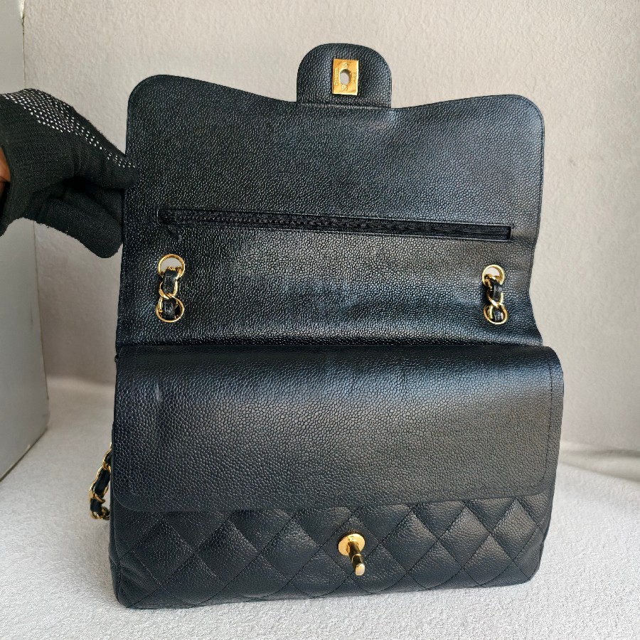 Chanel-Jumbo-Large-Double-Flap-Black-Grained-Calfskin-with-Gold Hardware #GUUEE-1 (34)