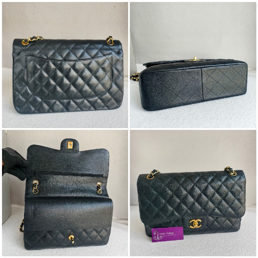 Chanel-Jumbo-Large-Double-Flap-Black-Grained-Calfskin-with-Gold Hardware #GUUEE-1 (5)
