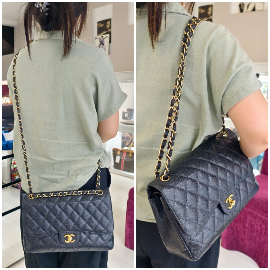 Chanel-Jumbo-Large-Double-Flap-Black-Grained-Calfskin-with-Gold Hardware #GUUEE-1 (8)