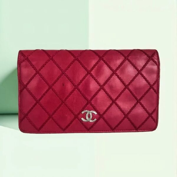 Chanel Wallet Red Leather with Silver Hardware #RKOL-7