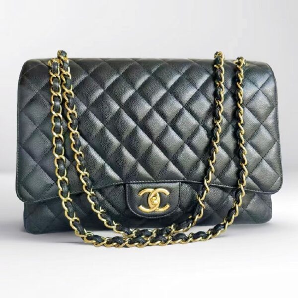 Chanel Classic Maxi Jumbo Double Flap Bag Black Grained Calfskin with Gold Hardware #RYYC-1
