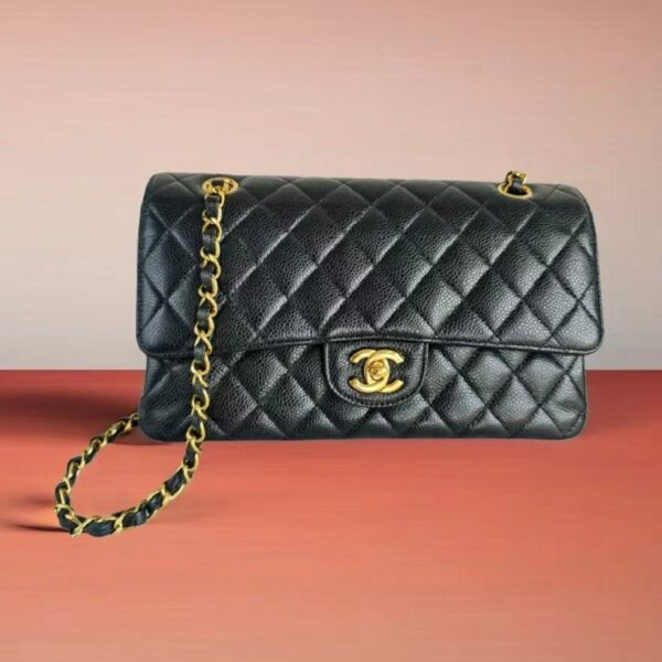 Chanel Medium Double Flap Black Grained Calfskin with Gold Hardware #RYTO-1