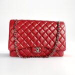 Chanel Classic Maxi Jumbo Double Flap Bag Maroon Lambskin with Silver Hardware #RYUE-1
