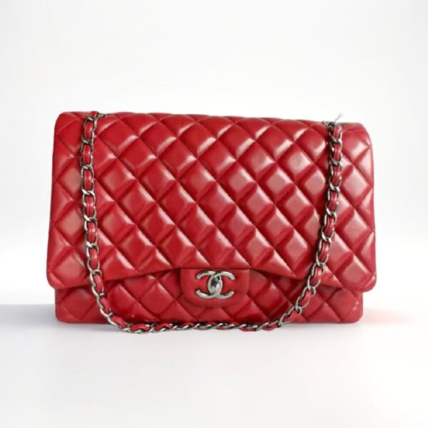 Chanel Classic Maxi Jumbo Double Flap Bag Maroon Lambskin with Silver Hardware #RYUE-1