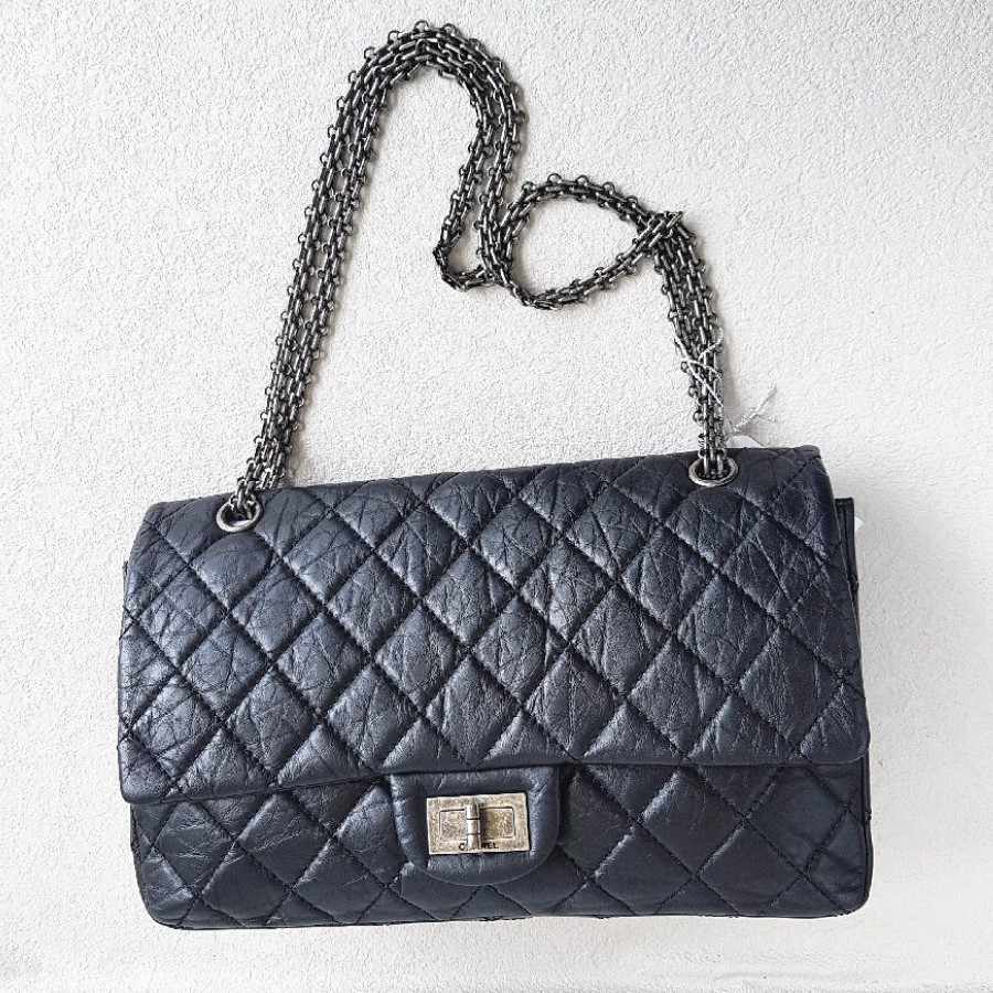 Chanel 2.55 Maxi Double Flap Black Aged Calfskin with Ruthenium Hardware #RSUU-1