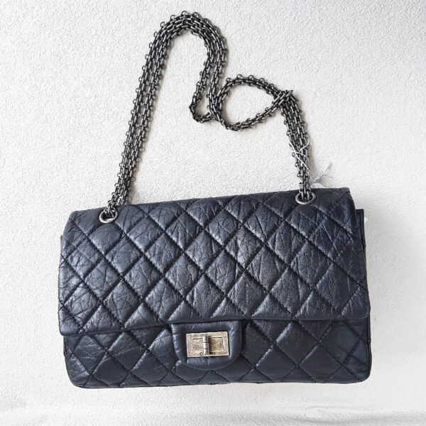 Chanel 2.55 Maxi Double Flap Black Aged Calfskin with Ruthenium Hardware #RSUU-1