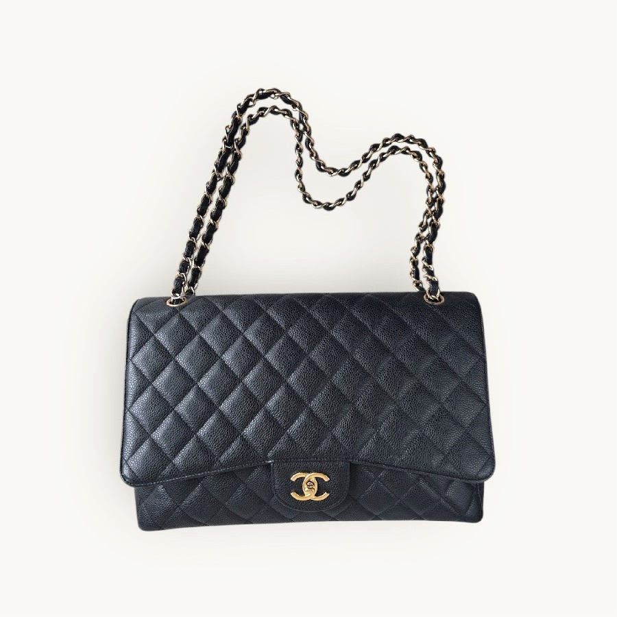 Chanel Classic Maxi Jumbo Double Flap Bag Black Grained Calfskin with Gold Hardware #RKUC-1