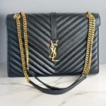 YSL Large Monogram Envelope Bag Black Leather with Gold Hardware #RYSC-1