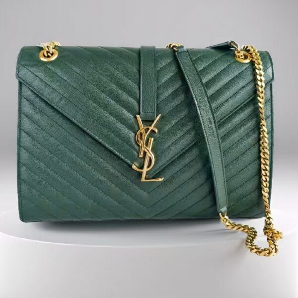 YSL Large Monogram Envelope Bag Green Leather with Gold Hardware #RSUT-1