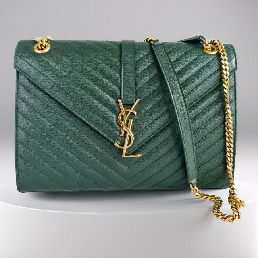 YSL-Large-Monogram-Envelope-Bag-Green-Leather-with-Gold-Hardware #RSUT-1 (1) YSL Large Monogram Envelope Bag Green Leather with Gold Hardware #RSUT-1