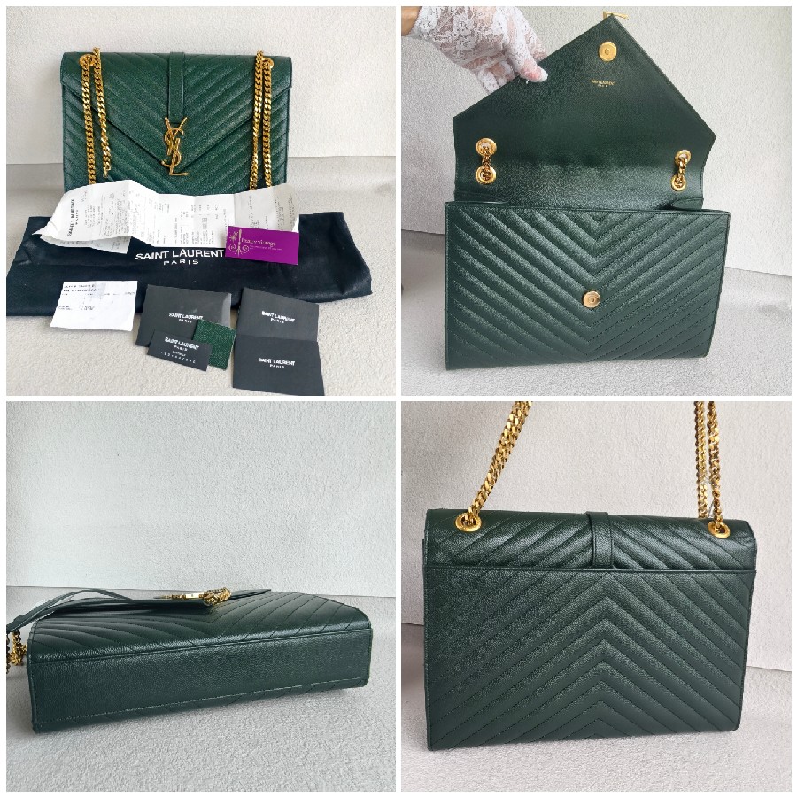 YSL-Large-Monogram-Envelope-Bag-Green-Leather-with-Gold-Hardware #RSUT-1 (3)
