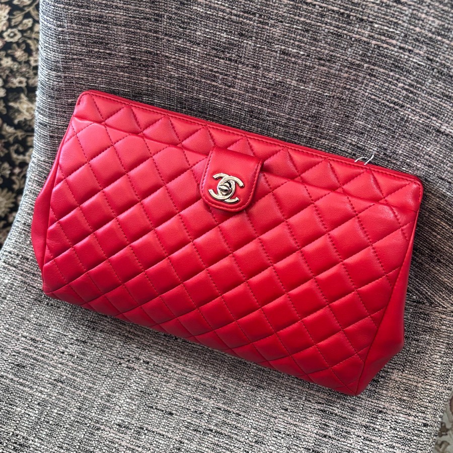 Chanel Clutch Red Lambskin with Silver Hardware #RYLT-2
