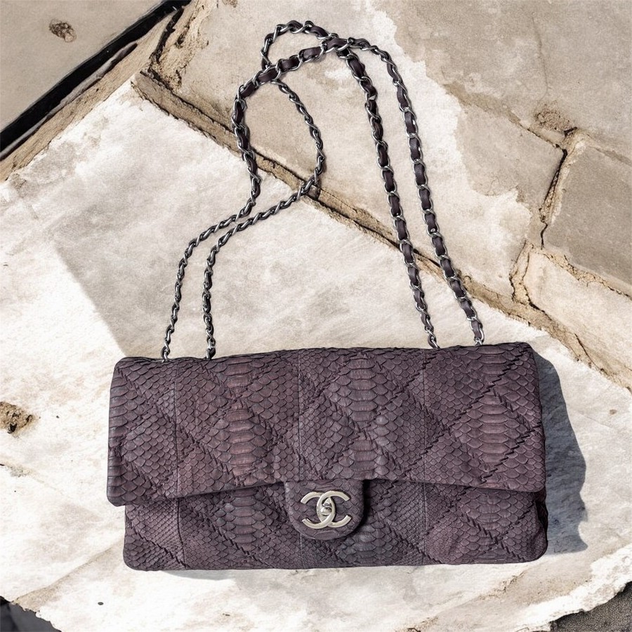 Chanel Flap Bag Brown Snake Skin with Silver Hardware #RSLC-1