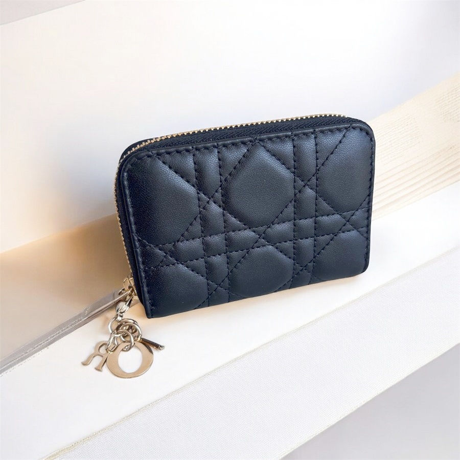 Christian Dior Small Lady Dior Voyageur Coin Purse Black Lambskin with Gold Hardware #RTYC-1