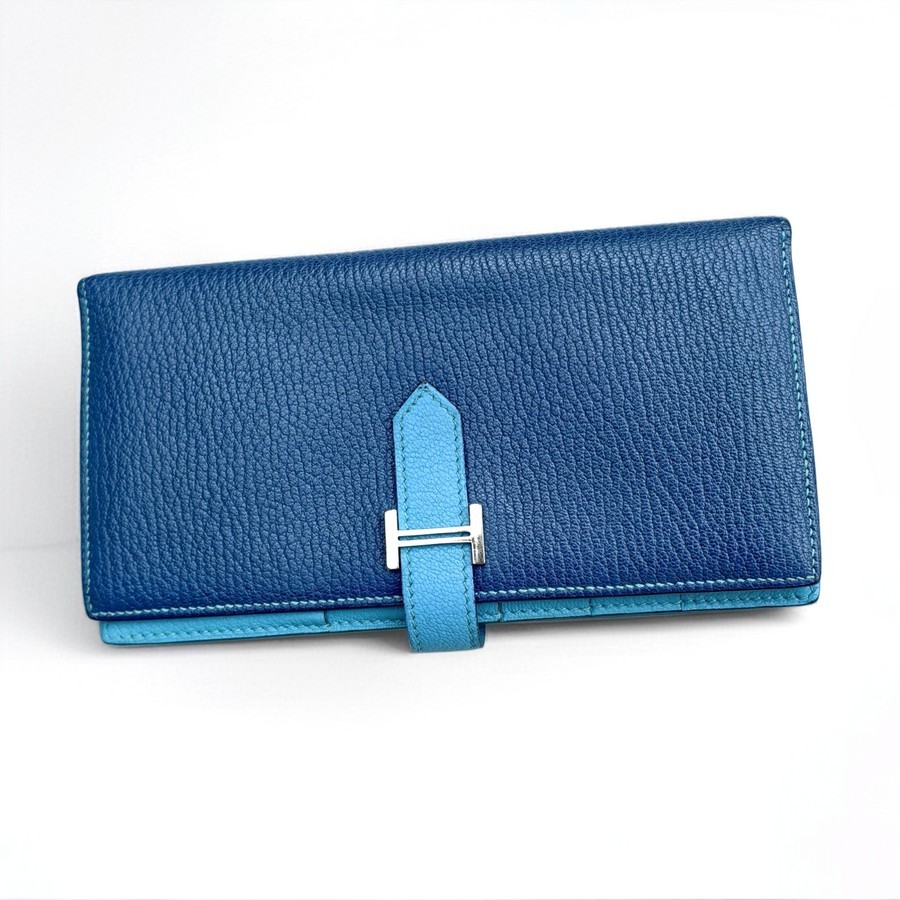 Hermes Bearn Long Wallet Blue Mysore Leather with Palladium Plated Hardware Bag #RTTE-2