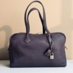 Hermes Victoria Dark Purple Clemence Leather with Palladium Hardware #RTSC-1
