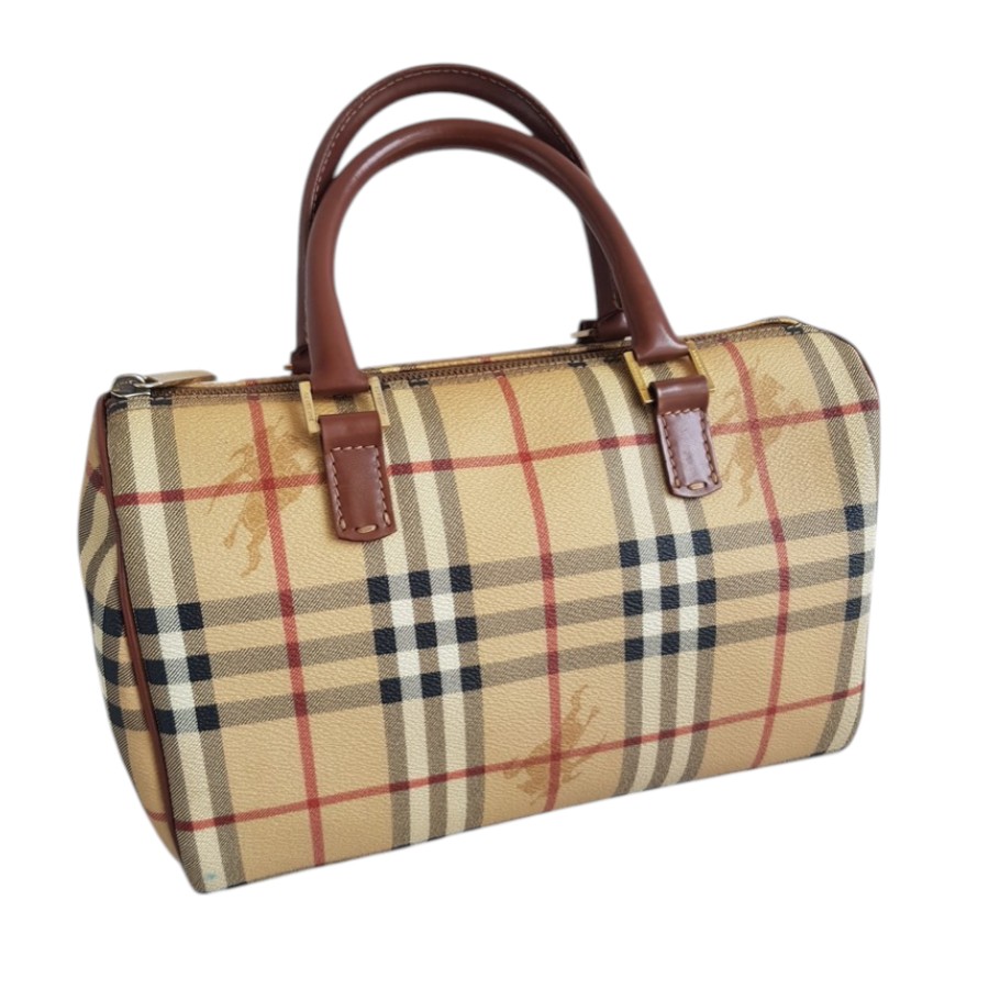 Burberry Boston Bag Light Cream/brown Coated Canvas/Leather and Gold Hardware #RTTT-4