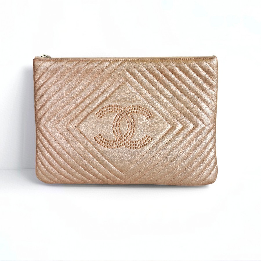 Chanel O'Case Clutch Metallic Gold Leather with Silver Hardware #ROER-9
