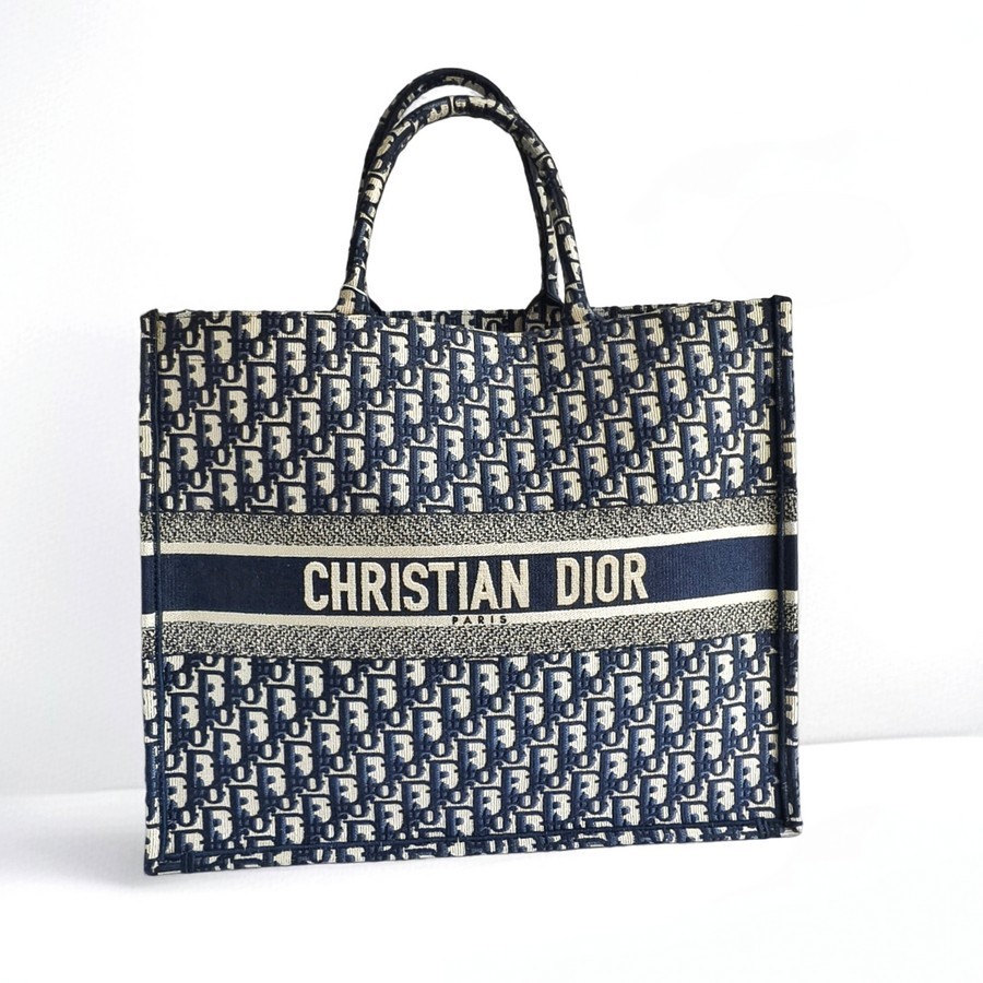 Christian Dior Book Tote Large Blue Canvas with Leather and Gold Hardware #ROUS-3