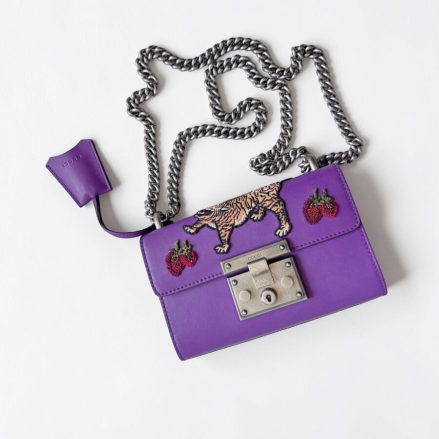 Gucci Padlock Bag Small Purple Smooth Leather Embroidered Tiger and Strawberry with Antique Silver Hardware #RUTT-1