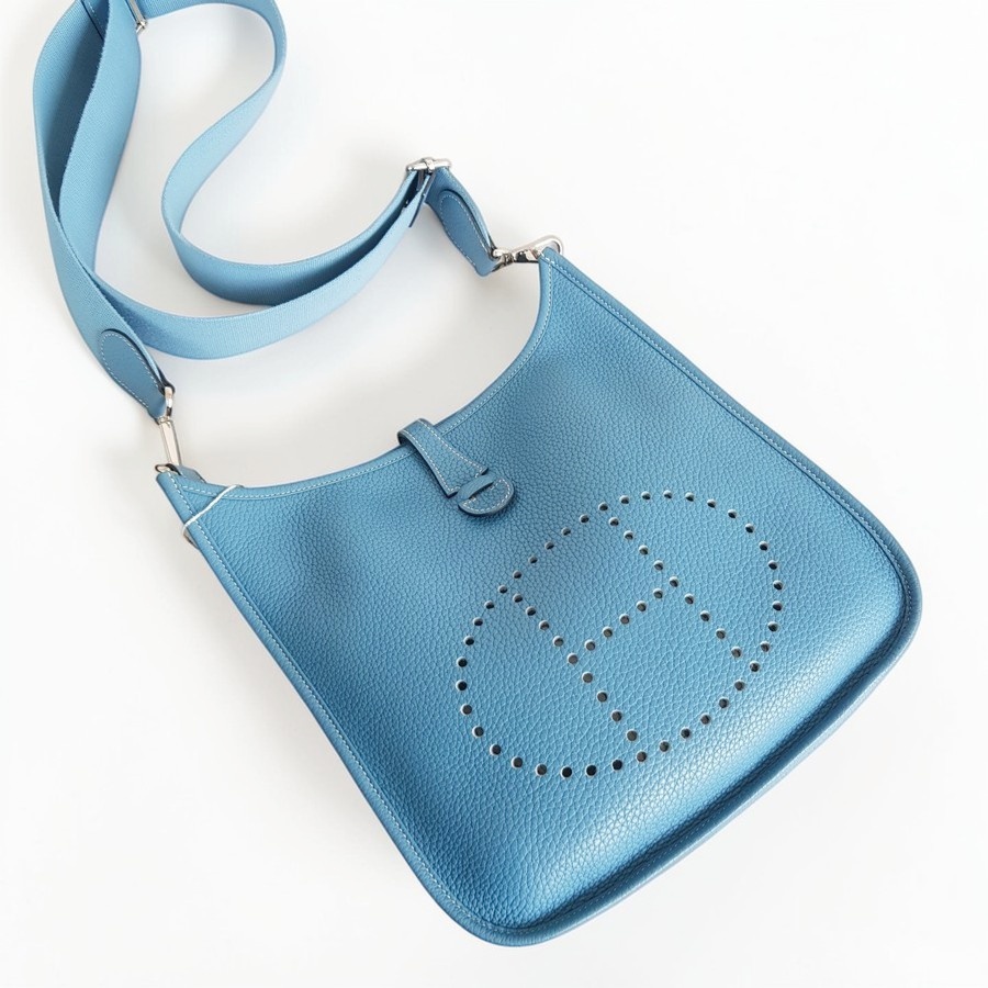 Hermes Evelyne III 29cm Blue Jean Clemence Leather with Palladium Plated Hardware #RUUS-11
