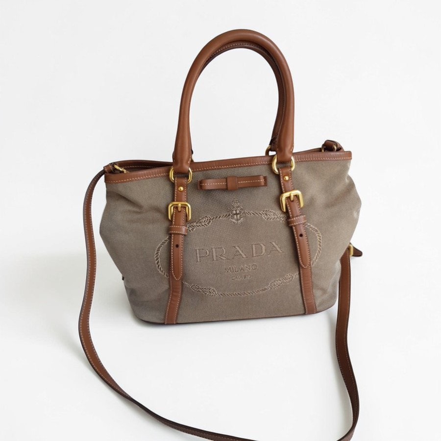 Prada 2Way Bag Brown Canvas with Leather and Gold Hardware #RYTL-3