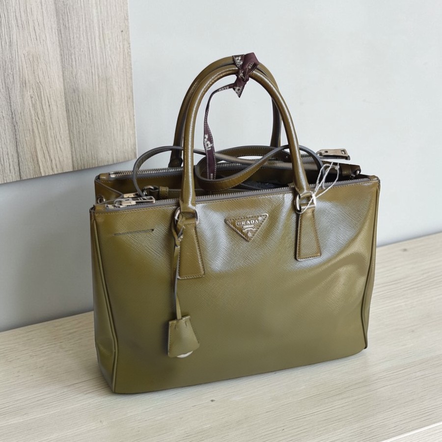 Prada Lux Tote Olive Green Saffiano Vernic Leather with Silver Hardware #RKLY-6