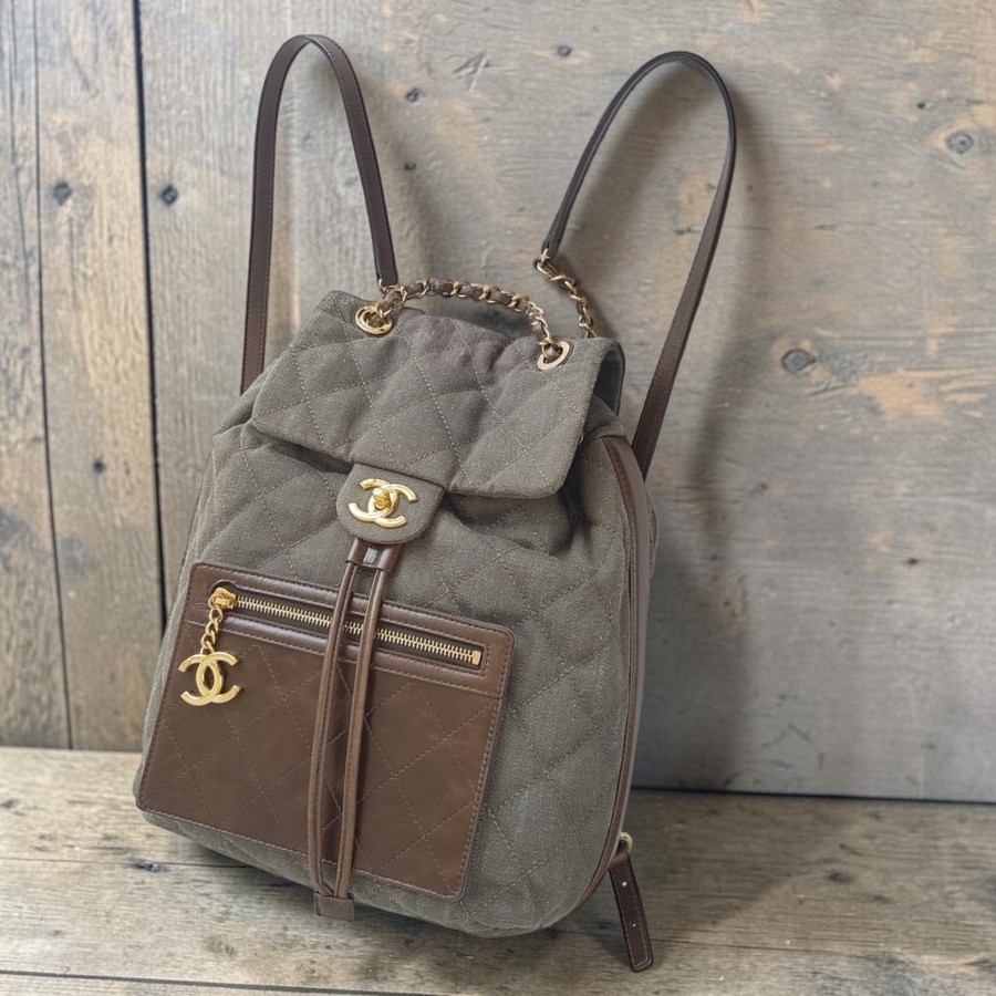 Chanel Backpack Olive Green Canvas with Leather and Gold Hardware #RERC-6