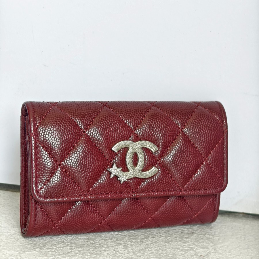Chanel Card Holder Maroon Grained Calfskin with Silver Hardware #ROTE-1