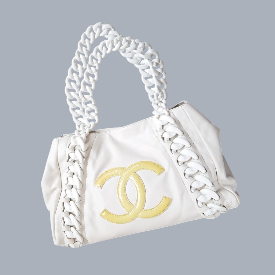 Chanel Rhodoid Modern Chain Tote Bag White Smooth Leather with Silver Hardware #RTTO-1