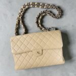 Chanel Vintage Jumbo Flap Bag Beige Lambskin with Gold Hardware #ROEE-1