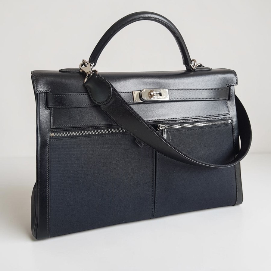 Hermes Kelly Lakis 40CM Black Box Leather With Canvas and Palladium Hardware Bag #ROKT-3