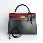 Hermes Kelly Sellier 32CM Vert Fonceblue Indigorough H Box Leather With Gold Hardware Bag #ROKT-1